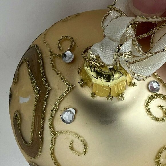 Santas Best Christmas Ornament Gold Round Blown Glass Glitter Rhinestone Jewel - Picture 5 of 6